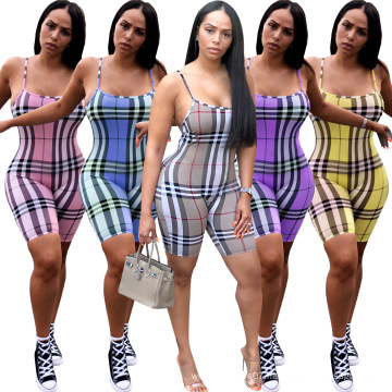 2021 Summer wholesale fashion ladies newest short trendy style casual woman's plaid printed sexy sleeveless backless jumpsuit